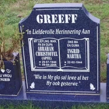 GREEFF Abraham Christoffel 1940-2006 &amp; Ingrid Martha 1944-