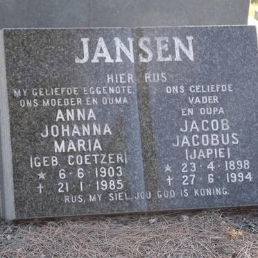 JANSEN Jacob Jacobus 1898-1994 &amp; Anna Johanna Maria COETZER 1903-1985