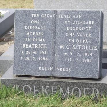 KOEKEMOER Beatrice 1931-1984 &amp; M.C.S. 1934-1983