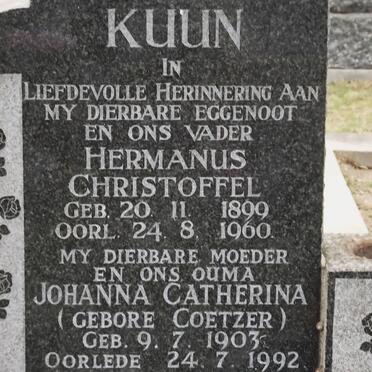 KUUN Hermanus Christoffel 1899-1960 &amp; Johanna Catherina COETZER 1903-1992