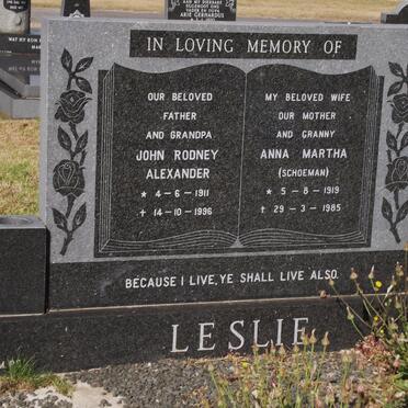 LESLIE John Rodney Alexander 1911-1996 &amp; Anna Martha SCHOEMAN 1919-1985