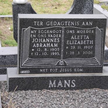 MANS Johannes Abraham 1905-1995 &amp; Aletta Elizabeth 1907-2001