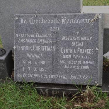 MEY Hendrik Christiaan 1951-1997 &amp; Cynthia Frances 1944-2006
