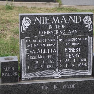 NIEMAND Ernest Henry 1929-1994 &amp; Eva Aletta MULLER 1931-1988