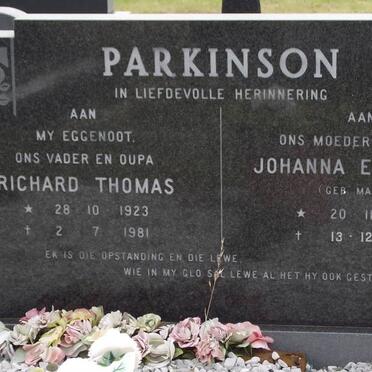 PARKINSON Richard Thomas 1923-1981 &amp; Johanna Elizabeth MARAIS 1927-1996