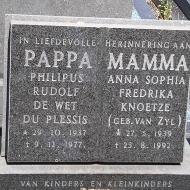 PLESSIS Philipus Rudolf De Wet, du 1937-1977 :: KNOETZE anna Sophia Fredrika formerly DU PLESSIS nee VAN ZYL 1939-1992