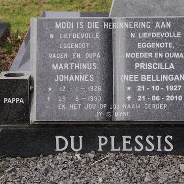 PLESSIS Marthinus Johannes, du 1926-1993 &amp; Priscilla BELLINGAN 1927-2010