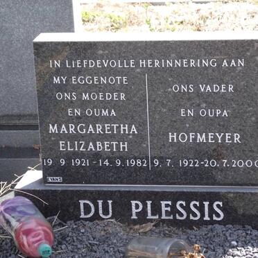 PLESSIS Margaretha Elizabeth, du 1921-1982 &amp; Hofmeyer 1922-2000
