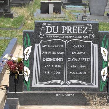 PREEZ Desmond, du 1938-2006 &amp; Olga Aletta 1944-2009