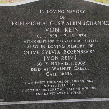 REIN Friedrich August Albin Johannes, von 1899-1974 :: ROSENBERRY Olive Sylvia formerly VON REIN 1909-2002