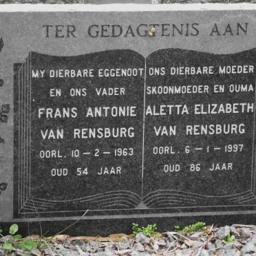 RENSBURG Frans Antonie, van -1963 &amp; Aletta Elizabeth -1997