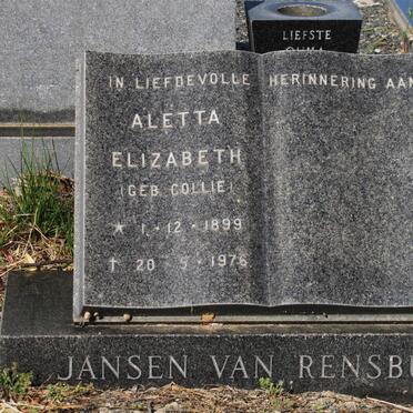 RENSBURG Aletta Elizabeth, jansen van nee COLLIE 1899-1976