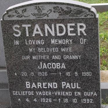 STANDER Jacoba 1926-1980 &amp; Barend Paul 1926-1992