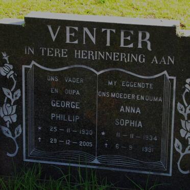 VENTER George Phillip 1930-2005 &amp; Anna Sophia 1934-1991
