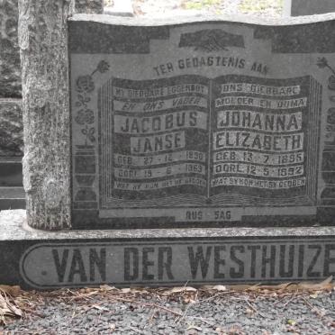 WESTHUIZEN Jacobus Janse, van der 1890-1963 &amp; Johanna Elizabeth 1895-1992