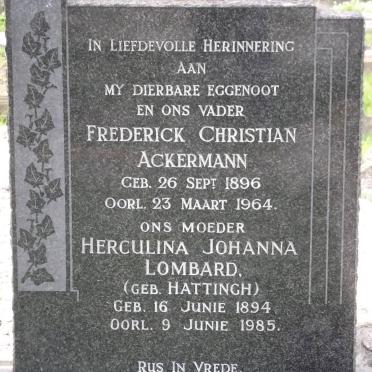 ACKERMANN Frederick Christian 1896-1964 :: LOMBARD Herculina Johanna nee HATTINGH 1894-1985