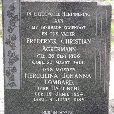 ACKERMANN Frederick Christian 1896-1964 :: LOMBARD Herculina Johanna nee HATTINGH 1894-1985