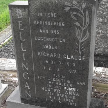 BELLINGAN Richard Claude 1920-1978 &amp; Hester Anna BARNARD 1924-1979