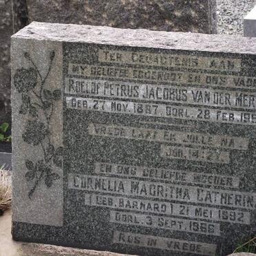 MERWE Roelof Petrus Jacobus, van der 1887-1958 &amp; Cornelia Magritha Catherina BARNARD 1892-1966