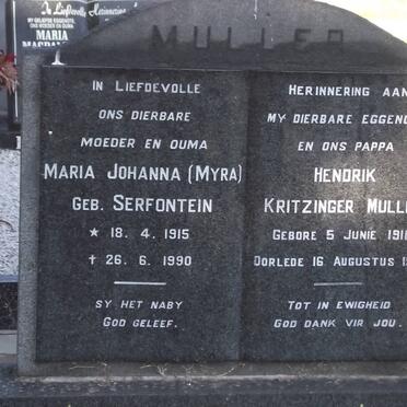 MULLER Maria Johanna SERFONTEIN 1915-1990 &amp; Hendrik Kritzinger 1916-1967