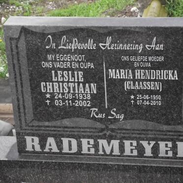 RADEMEYER Leslie Christiaan 1938-2002 &amp; Maria Hendricka CLAASSEN 1950-2010