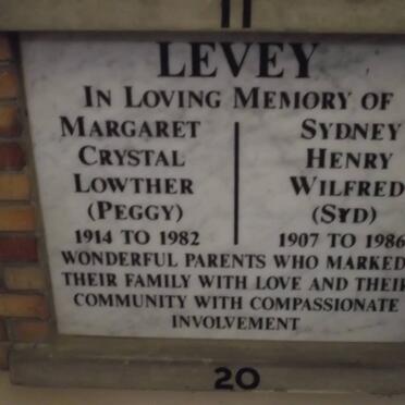 LEVEY Sydney Henry Wilfred 1907-1986 &amp; Margaret Crystal Lowther 1914-1982