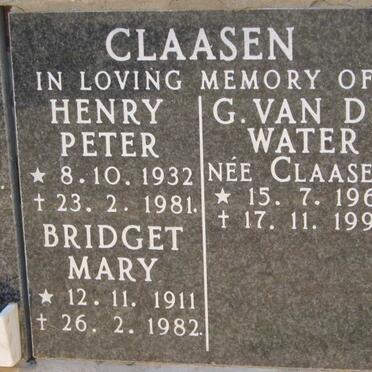 CLAASEN Henry Peter 1932-1981 :: CLAASEN Bridget Mary 1911-1982 :: WATER G., van de nee CLAASEN 1961-1997
