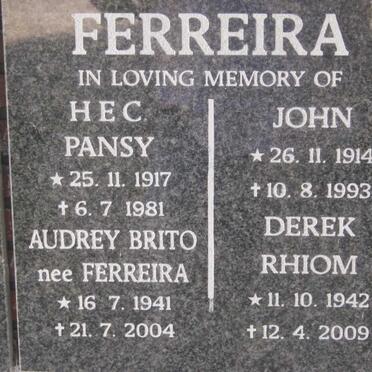 FERREIRA John 1914-1993 &amp; H.E.C. Pansy 1917-1981 :: BRITO Audrey nee FERRERIA 1941-2004  :: RHIOM Derek 1942-2009