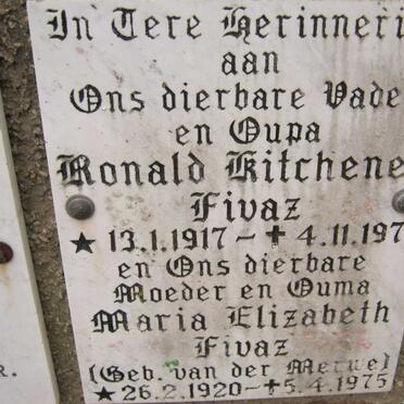 FIVAZ Ronald Kitchener 1917-1976 &amp; Maria Elizabeth van der Merwe 1920-1975 