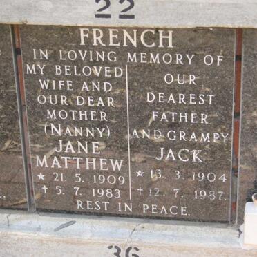 FRENCH Jack 1904-1987 &amp; Jane Matthew 1909-1983