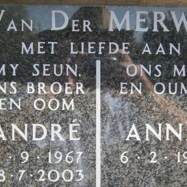 MERWE Andre, van der 1967-2003 &amp; Anna 1927-