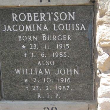 ROBERTSON William John 1916-1987 &amp; Jacomina Louisa BURGER 1915-1985