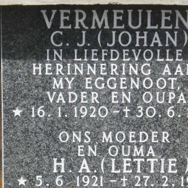 VERMEULEN C.J. 1920-1992 &amp; H.A. 1921-1993