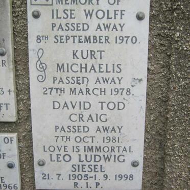 WOLFF Ilse -1970 :: MICHAELIS Kurt -1978 :: CRAIG David Tod -1981 :: SIESEL Leo Ludwig 1905-1998