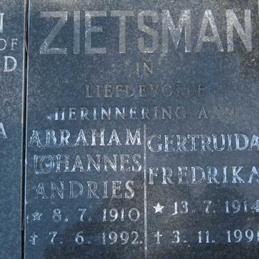 ZIETSMAN Abraham Johannes Andries 1910-1992  &amp; Getruida Fredrika 1914-1991