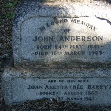 ANDERSON John 1851-1923 &amp; Joan Aletta BARRY 1863-1941