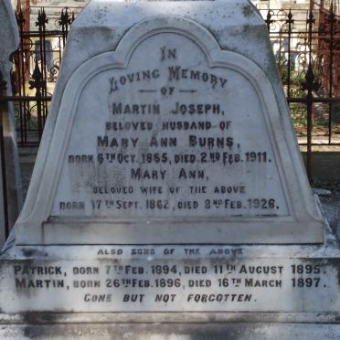 BURNS Martin Joseph 1865-1911 &amp; Mary Ann 1862-1926 :: BURNS Patrick 1894-1895 :: BURNS Martin 1896-1897