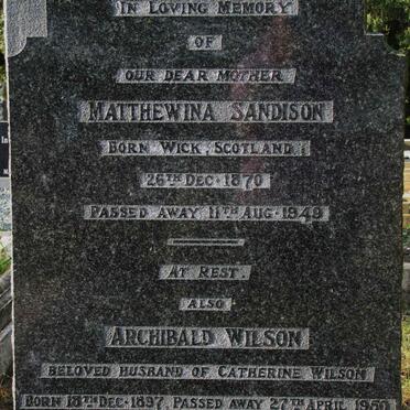 SANDISON Matthewina 1870-1949 :: WILSON  Archibald 1897-1950