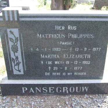 PANSEGROUW Mattheus Philippus 1903-1977 &amp; Martha Elizabeth DE WET 1902-1977