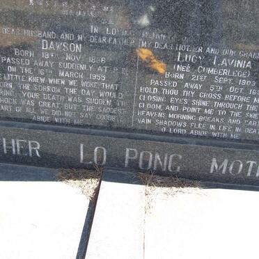 PONG Dawson, Lo 1888-1955 &amp; Lucy Lavinia CUMBERLEGE 1903-1985