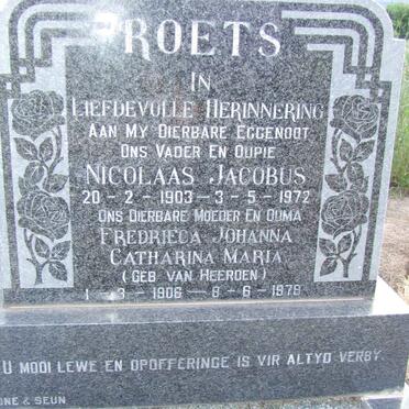 ROETS Nicolaas Jacobus 1903-1972 &amp; Fredrieca Johanna Catharina Maria VAN HEERDEN 1906-1979
