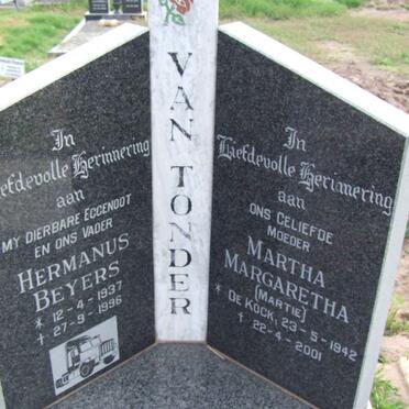 TONDER Hermanus Beyers, van 1937-1996 &amp; Martha Margaretha DE KOCK 1942-2001