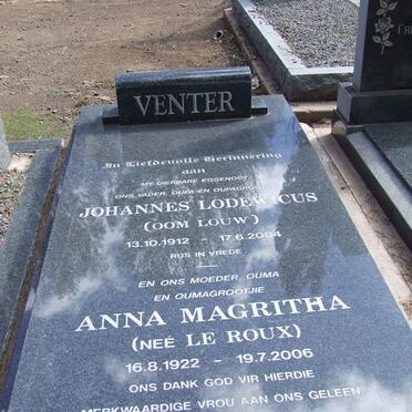 VENTER Johannes Lodewicus 1912-2004 &amp; Anna Magritha LE ROUX 1922-2006
