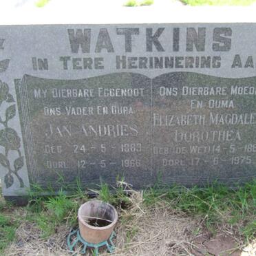 WATKINS Jan Andries 1893-1966 &amp; Elizabeth Magdalena Dorothea DE WET 1889-1975