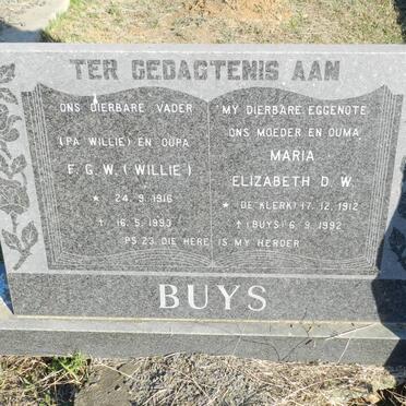 BUYS F.G.W. 1916-1993 &amp; Maria Elizabeth D.W. DE KLERK 1912-1992