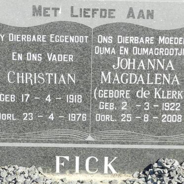 FICK Christian 1918-1976 &amp; Johanna Magdalena DE KLERK 1922-2008