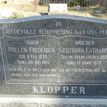 KLOPPER Willem Frederick 1870-1955 &amp; Gertruida Catharina DE KLERK 1869-1938