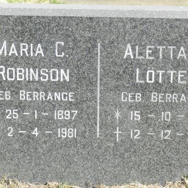 ROBINSON Maria C. nee BERRANGE 1897-1981 :: LOTTER Aletta M. nee BERRANGE 1886-1976