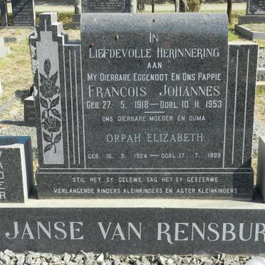 RENSBURG Francois Johannes, Janse van 1918-1953 &amp; Orpah Elizabeth 1924-1999