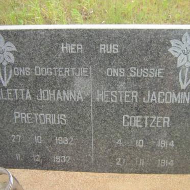 COETZER Hester Jacomina 1914-1914 ::  PRETORIUS Aletta Johanna 1932-1932